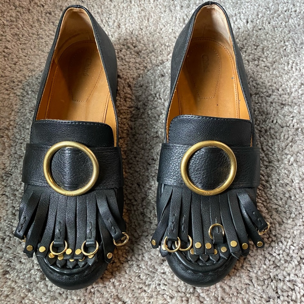 Chloe Black Leather Fringe Loafers with Gold Hardware